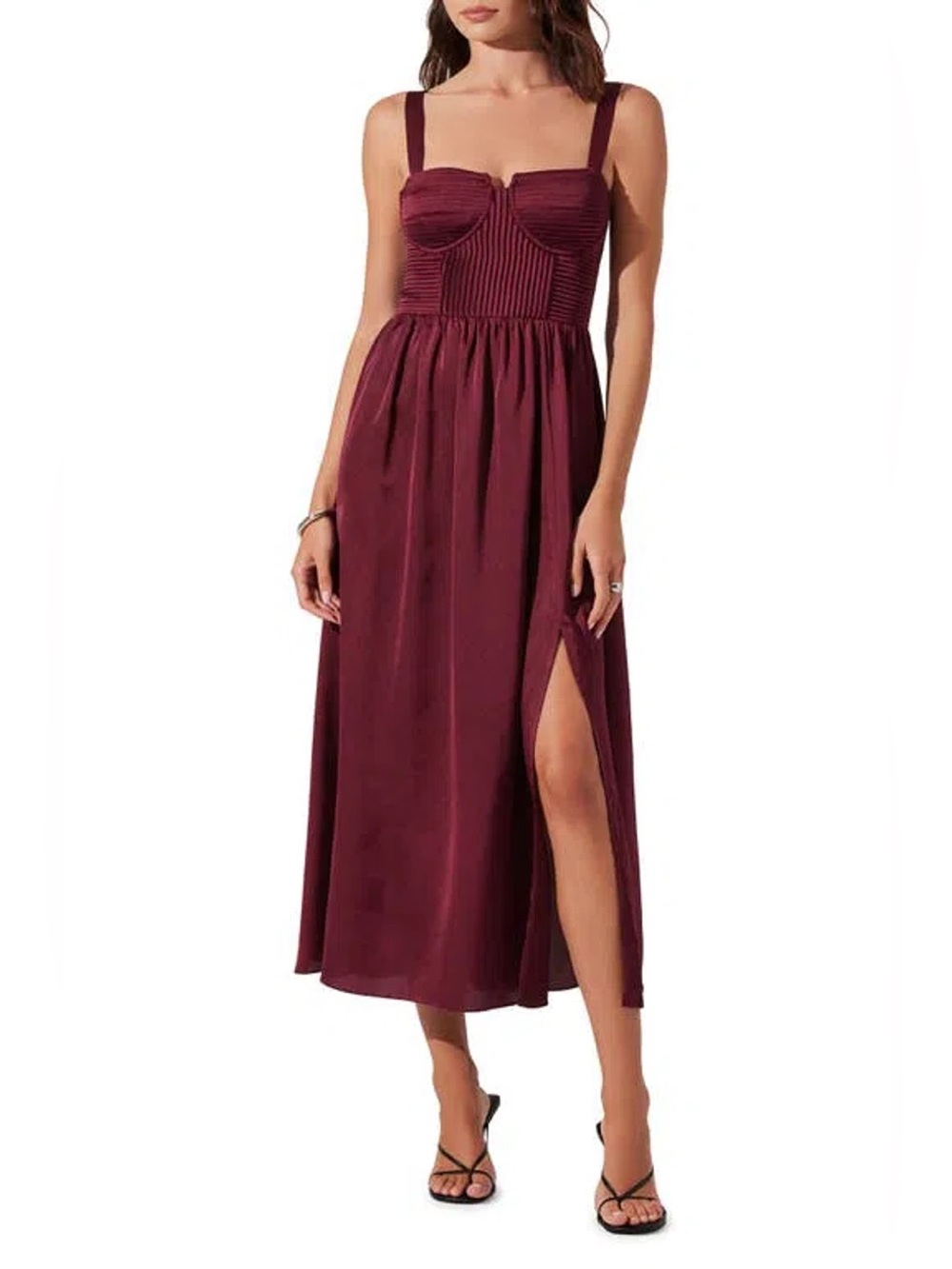 ASTR Pleated Bustier Midi Dress Wine Small Burgundy Fall Wedding Formal Cocktail